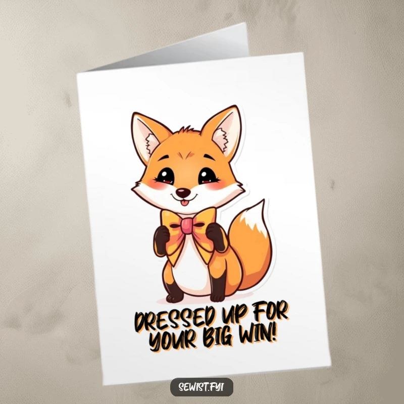Funny Free Printable Congratulations Card: Dapper fox proudly adjusting a vibrant bow tie, celebrating your success.