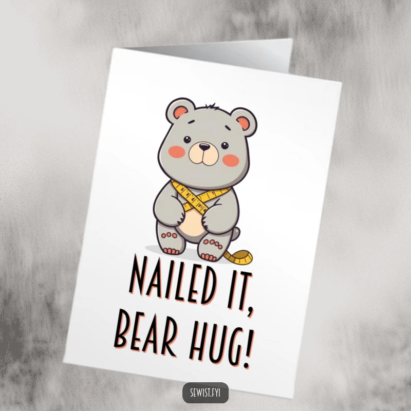 Funny Free Printable Congratulations Card showing a determined bear measuring fabric, perfect for celebrating any crafting achievement, a DIY gift.