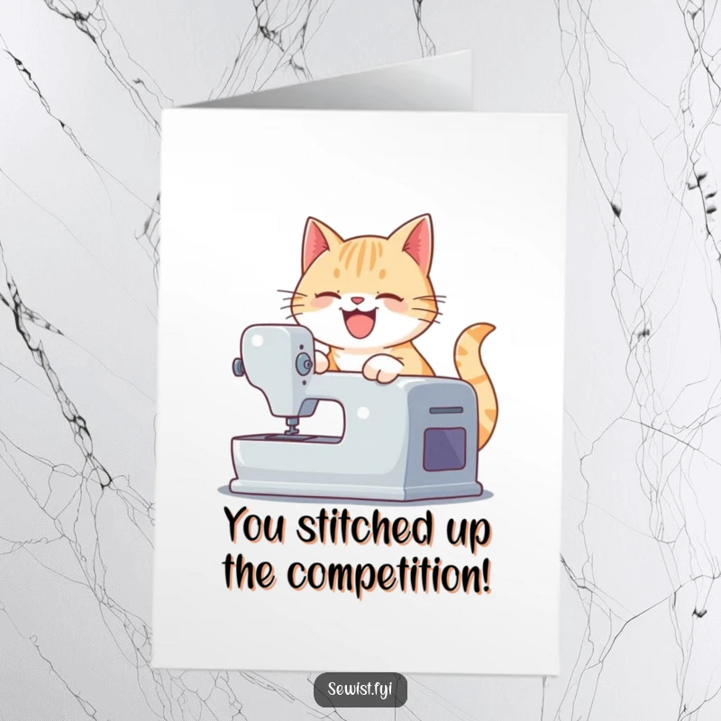 Funny Free Printable Congratulations Card: Playful cat grinning, expertly operating a sewing machine to celebrate.