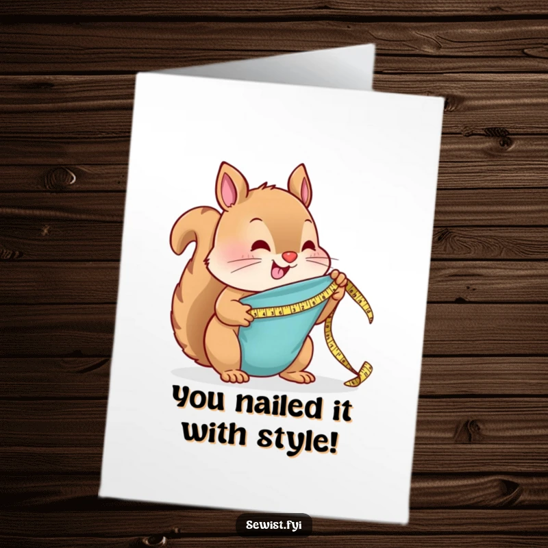 Funny Free Printable Congrats Card showing a cheerful squirrel acting as a tiny tailor, measuring fabric for a special occasion DIY.