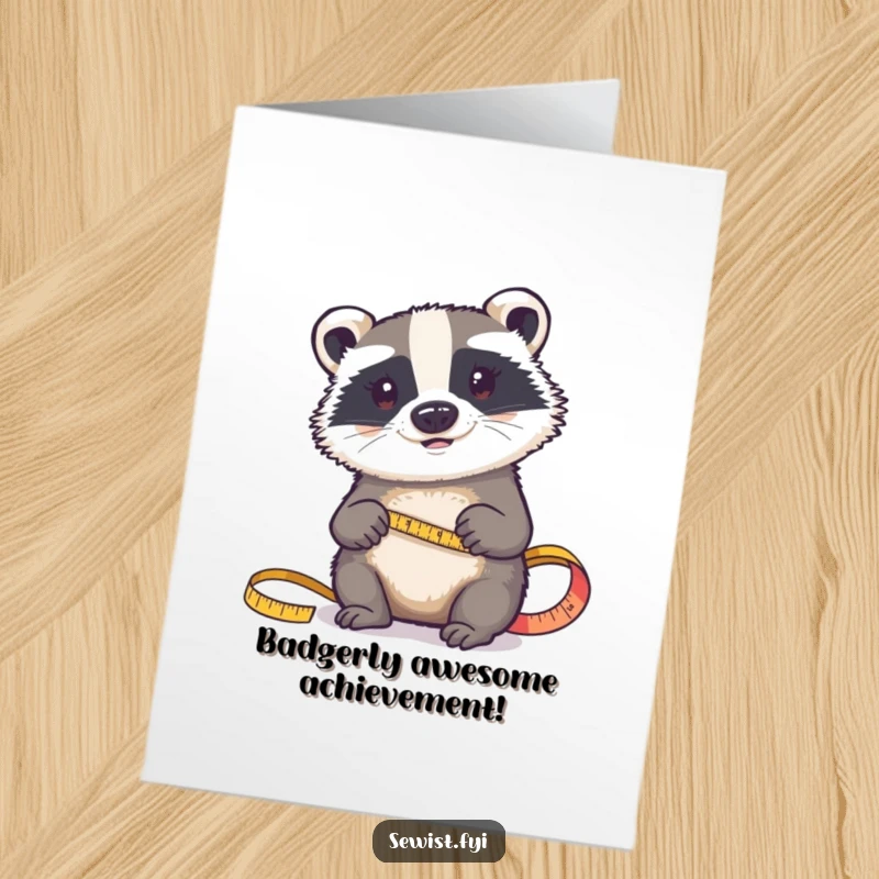 Funny Free Printable Congratulations Card: A determined badger uses a tape measure to precisely measure fabric.