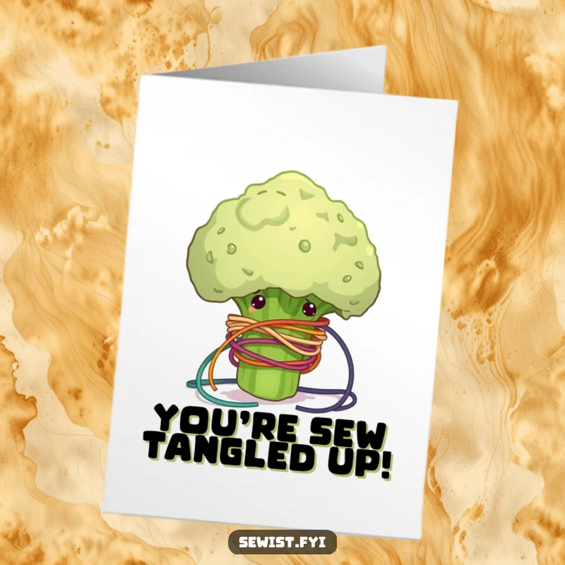 Funny Free Printable Congrats Card: A clumsy broccoli floret hilariously ensnared in colorful sewing thread, looking utterly confused.