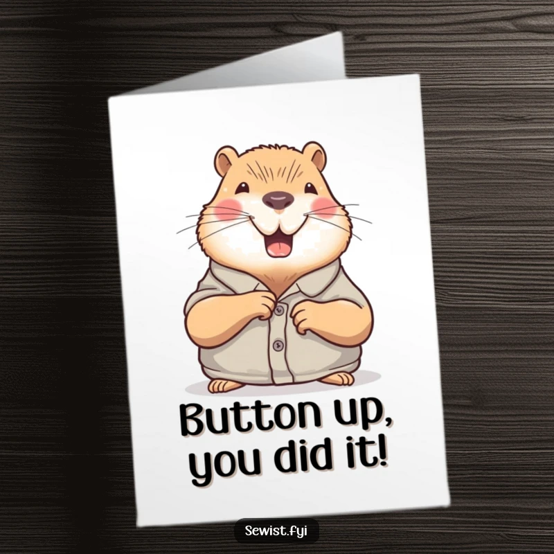 Funny Free Printable Congratulations Card: Happy capybara carefully sewing a button, a stitch of good luck.