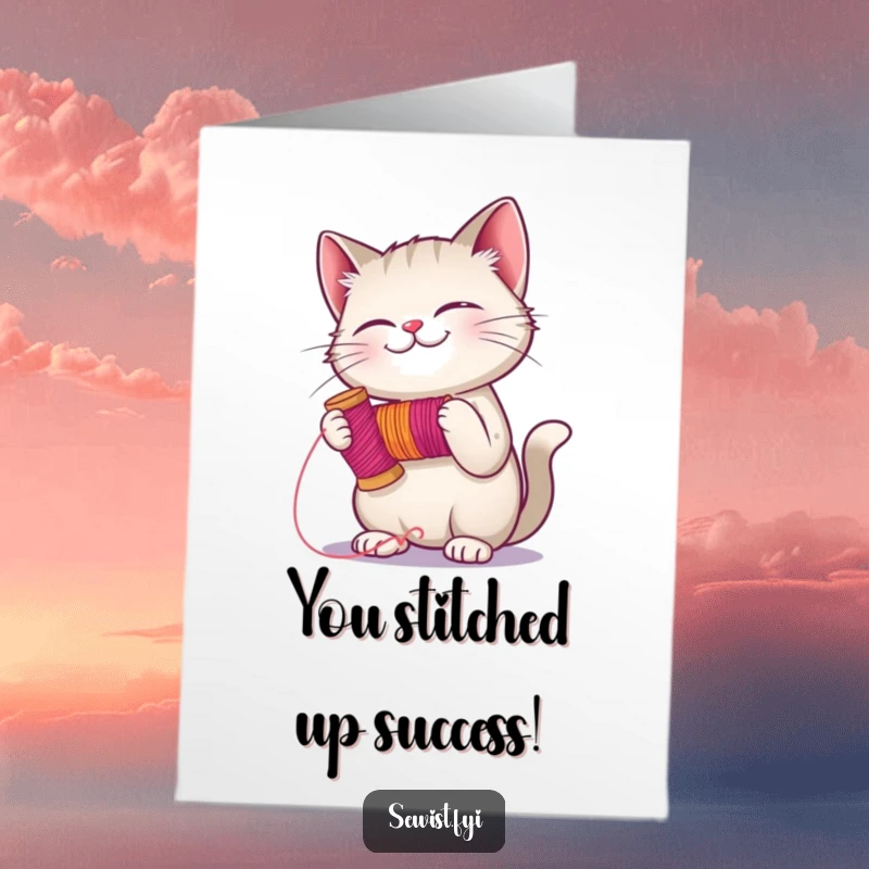 Funny Free Printable Congratulations Card: A happy cat holds a spool of thread, eager to stitch something amazing.