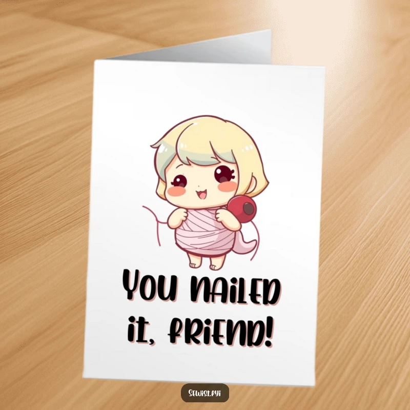 Funny Free Printable Congratulations Card: Joyful character diligently winding a bobbin, perfect for any celebratory occasion.