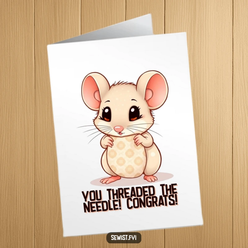 Funny Free Printable Congrats Card: Curious mouse with wide eyes looking at patterned fabric, a delightful surprise.