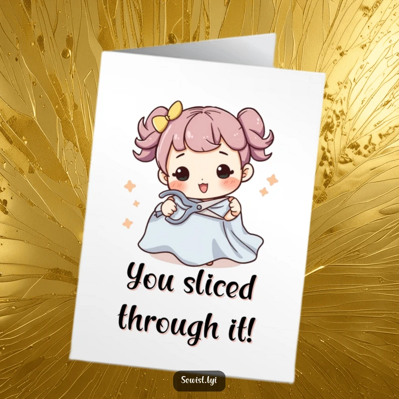 Funny Free Printable congratulations card: A character deftly cuts fabric with scissors, celebrating achievements, a downloadable gift.