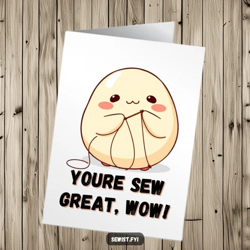 Funny Free Printable Congratulations Card: A dumpling humorously tries to sew itself with needle and thread.