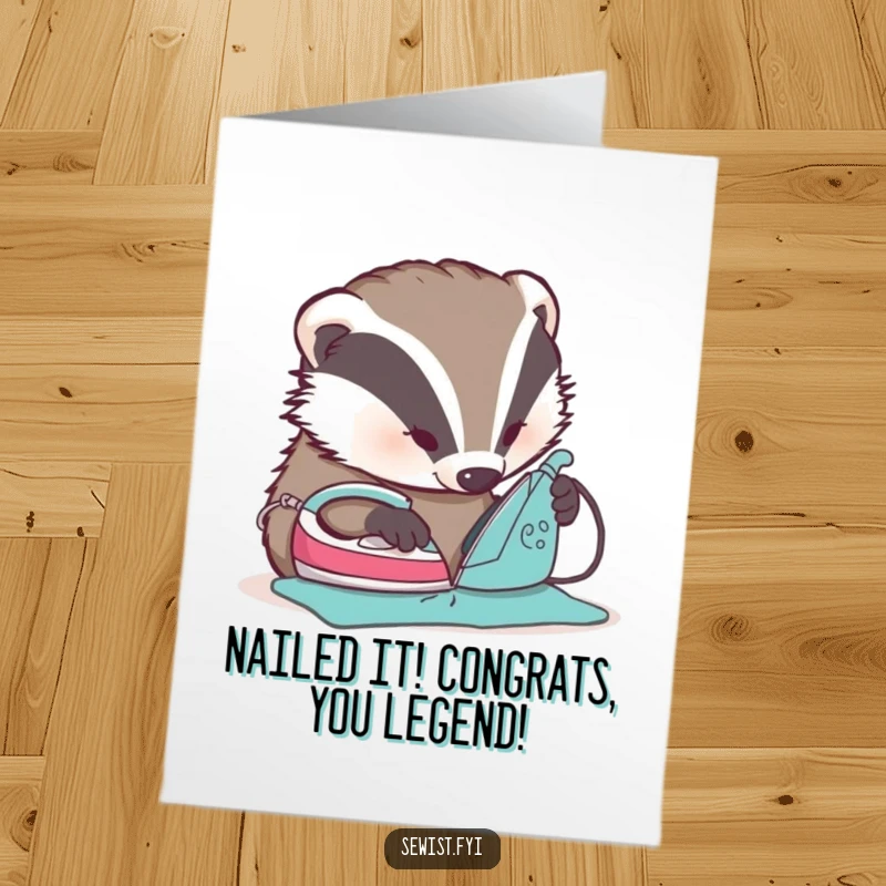 Funny Free Printable Congratulations Card: A detail-oriented badger irons a seam perfectly flat, celebrating precision and success.