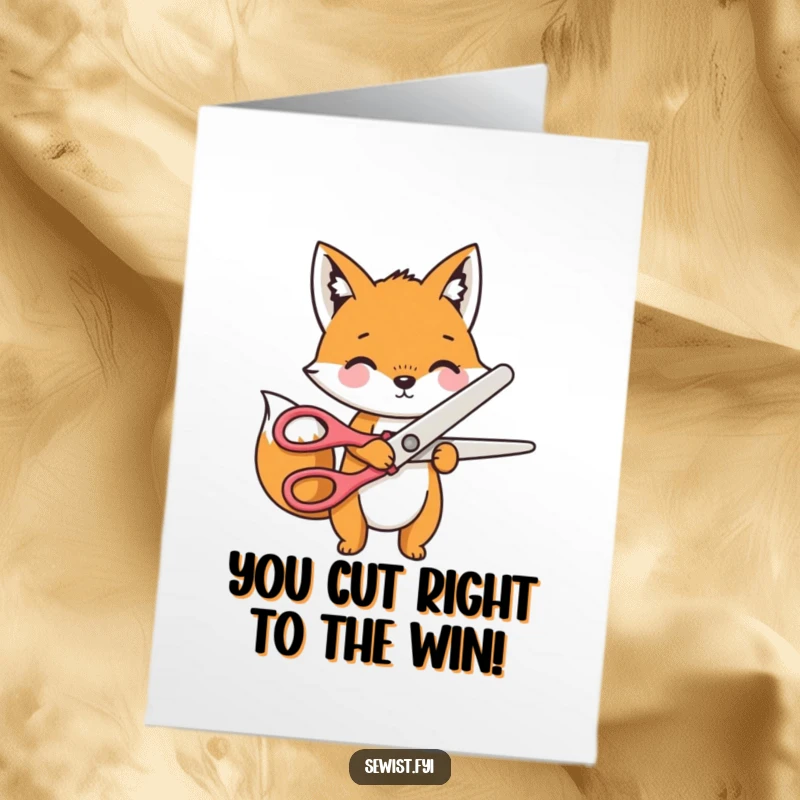 Funny Free Printable Congratulations Card: A playful fox is expertly cutting fabric with surprisingly large novelty scissors. Celebrating achievement.