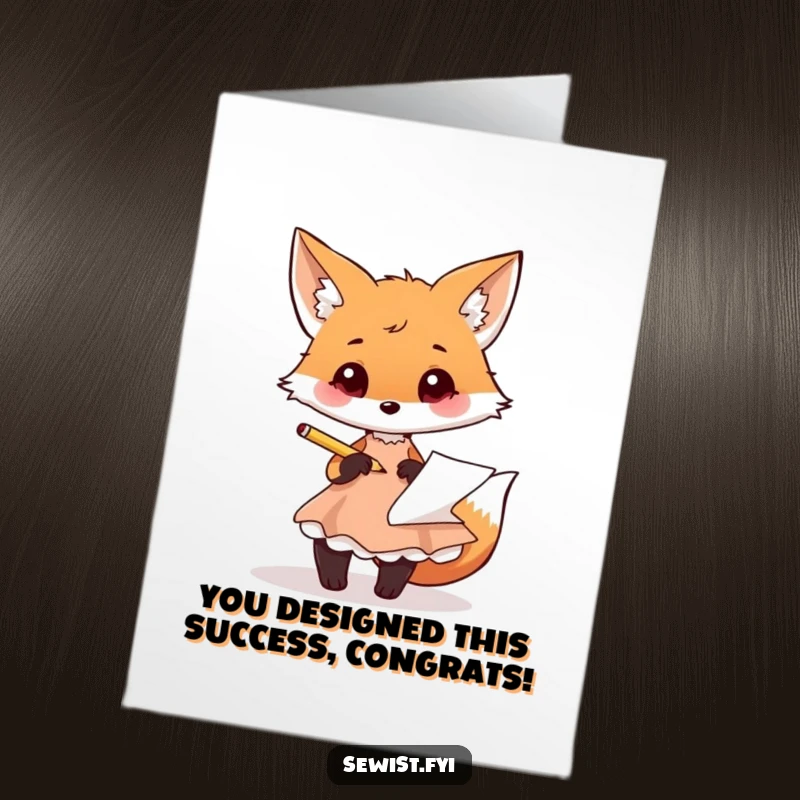 Funny Free Printable Congrats Card: A playful fox sketching a chic dress design, celebrating a stylish achievement.