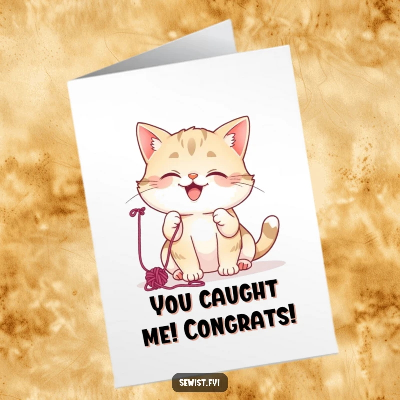 Funny Free Printable Congrats Card: Mischievous cat giggling while playing with colorful yarn, a unique gift.
