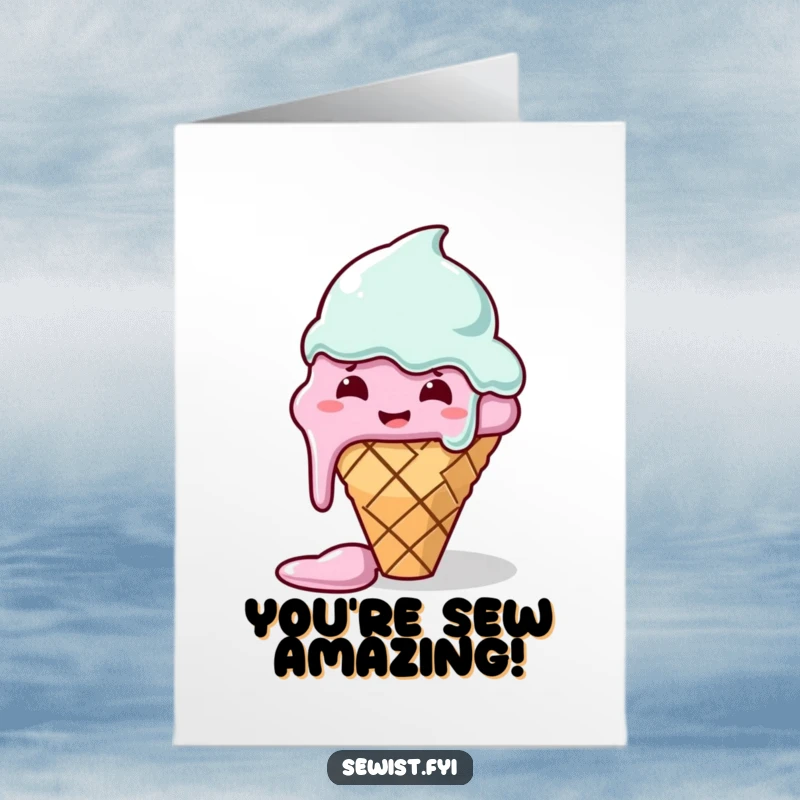 Funny Free Printable Congrats Card: A melting ice cream cone hilariously fails at sewing a straight line, frosting dripping.