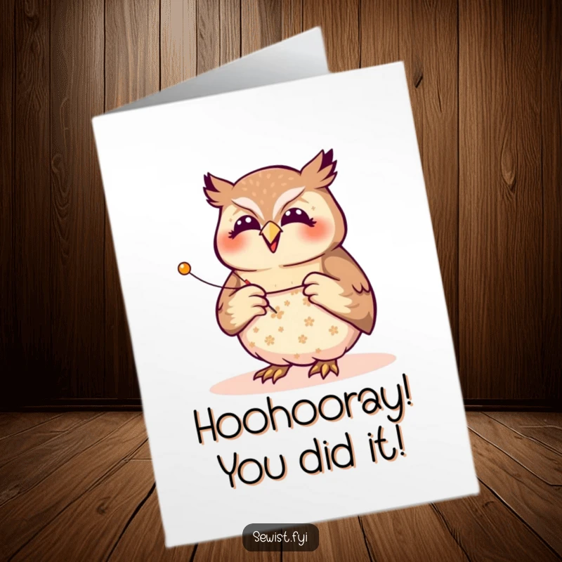 Funny Free Printable Congrats Card: Joyful owl meticulously pinning a pattern, celebrating success with sharp wit.
