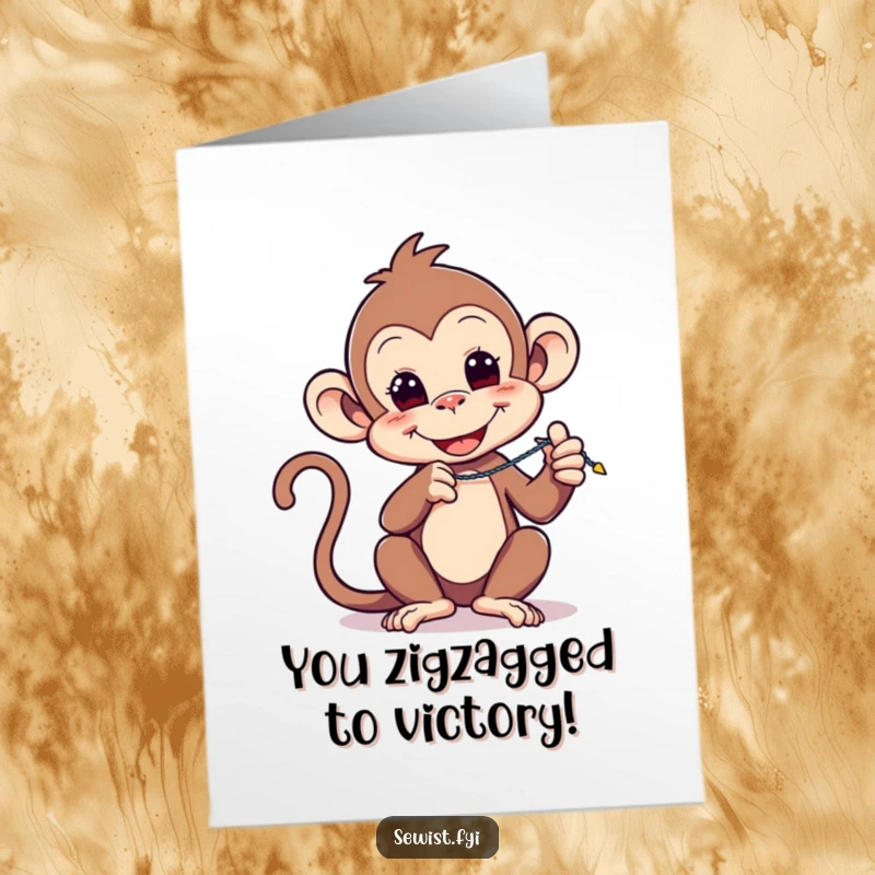 Funny Free Printable Congratulations Card: A playful monkey showcases its skill by demonstrating a zigzag stitch.