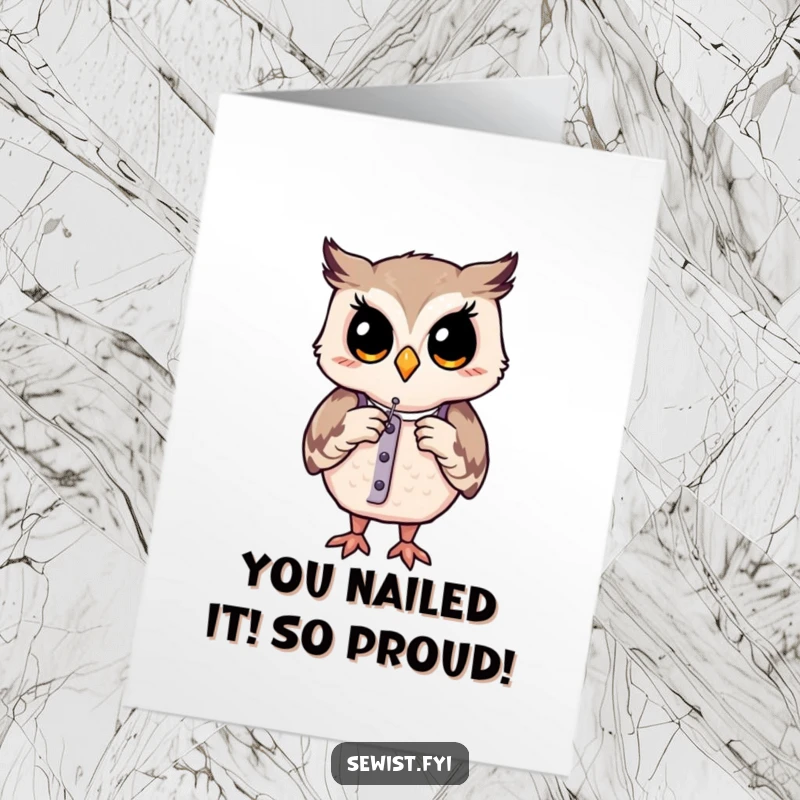 Funny Free Printable Congratulations Card: A content owl meticulously adjusts a dress form, needle in beak.