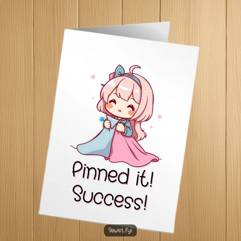 Funny Free Printable congratulations card: a character happily pins fabric, signifying connection and success, a downloadable gift.