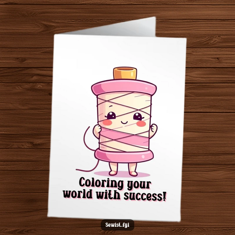 Funny Free Printable Congratulations Card: Character proudly presenting a multi-colored sewing spool, symbolizing successful projects and outcomes.