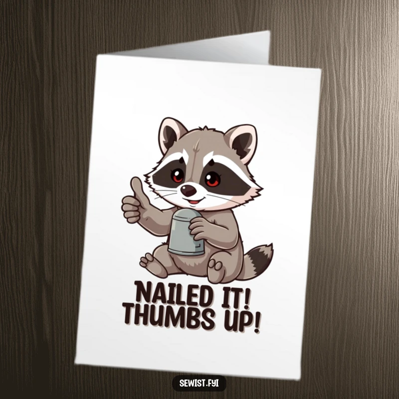Funny Free Printable Congratulations Card: Mischievous raccoon with a thumbs-up, using a thimble, celebrating success with humor.