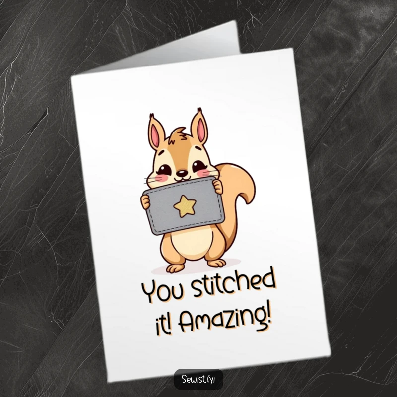 Funny Free Printable Congratulations Card: A beaming squirrel holds up a beautifully sewn patch, celebrating its craft.