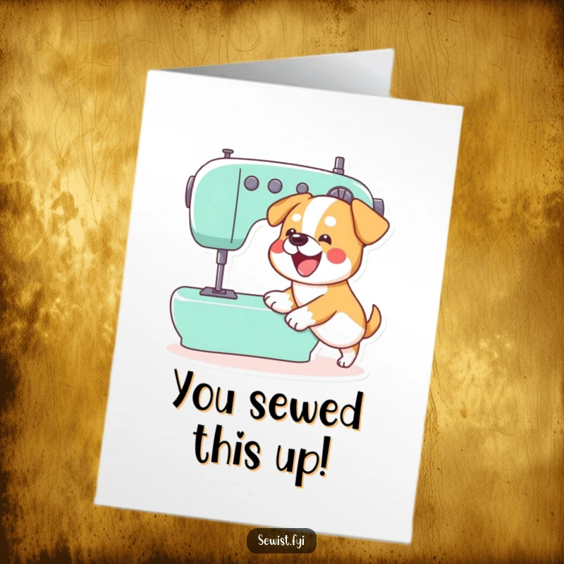 Funny Free Printable Congratulations Card: Dog Excitedly Pushing a Sewing Machine Pedal, Celebrating Crafting, Downloadable Art.