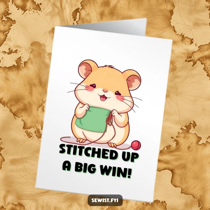 Funny Free Printable Congrats Card: Beaming hamster intently sewing with needle and thread, celebrating success, a download.