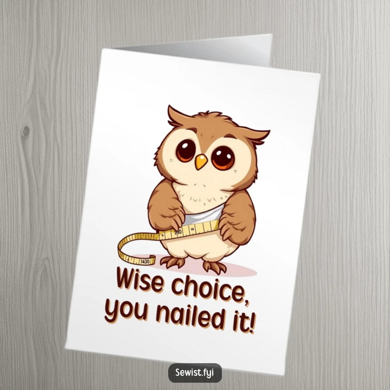 Funny Free Printable Congrats Card: Curious owl measuring cloth precisely with a tape measure, celebrating accomplishment, a download.