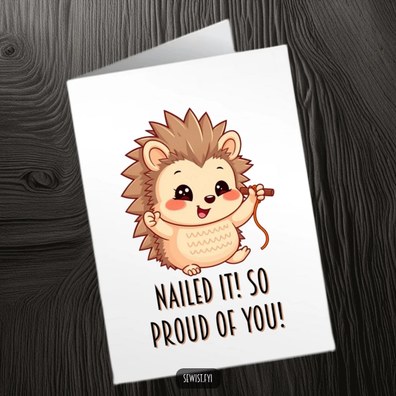 Funny Free Printable Hedgehog Congratulations Card: Hedgehog proudly holds up a finished stitch, celebrating a major accomplishment.