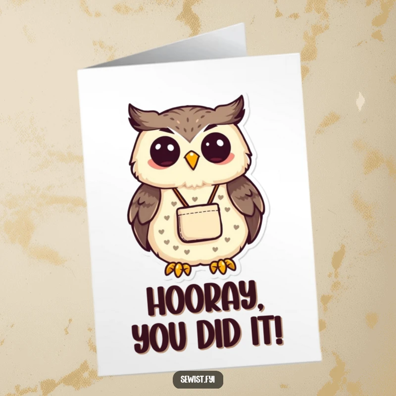 Funny Free Printable Congratulations Card showing a proud owl showing off a small sewn pouch, a perfect gift for crafters.