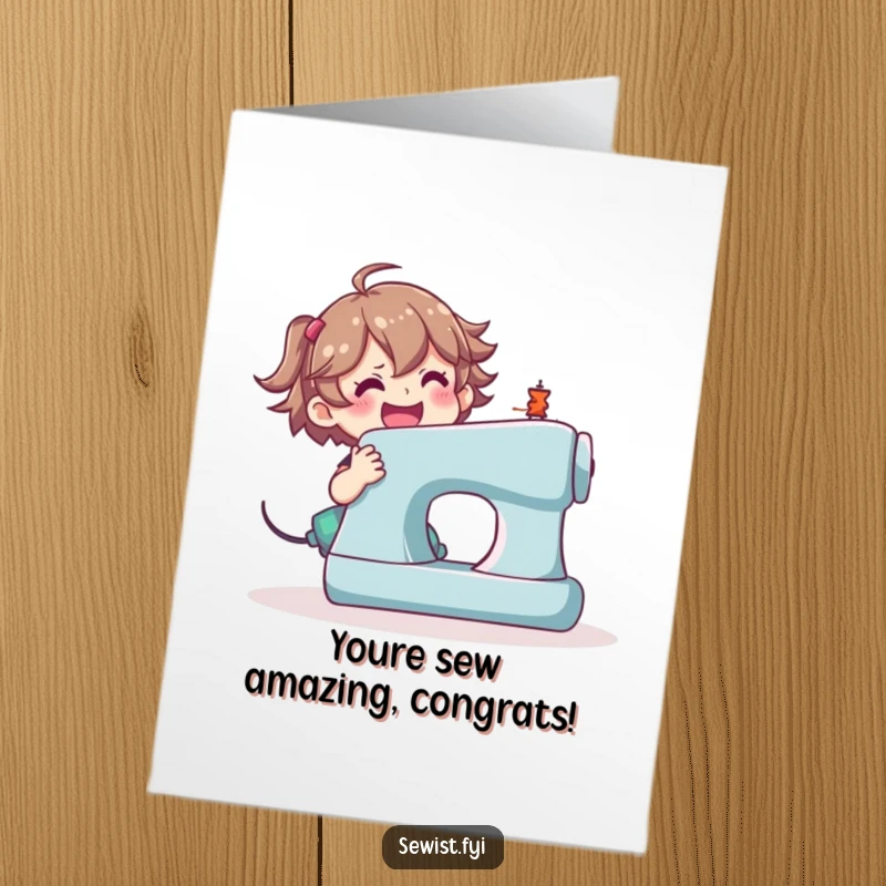 Funny free printable congratulations card: A character happily and energetically using a large sewing machine to celebrate.