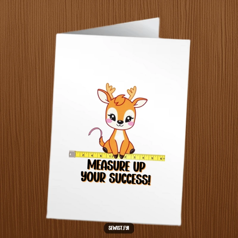 Free Printable Congrats Card: A giggling deer character uses a tape measure to gauge the size of fabric.