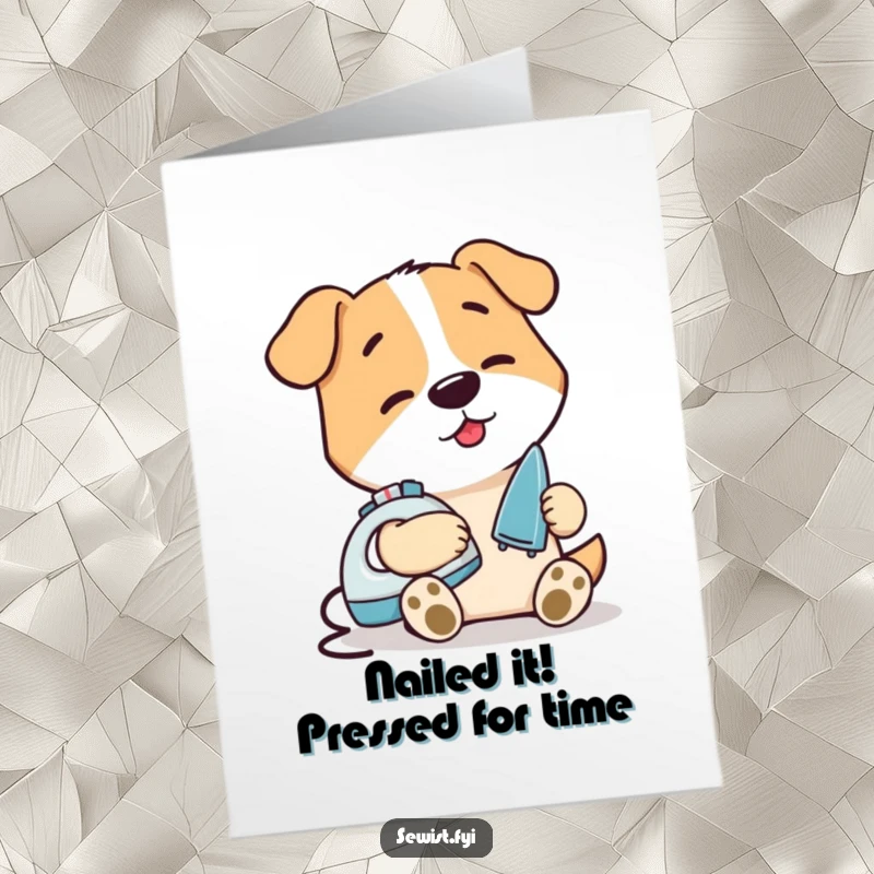 Free Printable Congrats Card: Contented dog character irons a small fabric seam with a tiny, powerful mini iron.