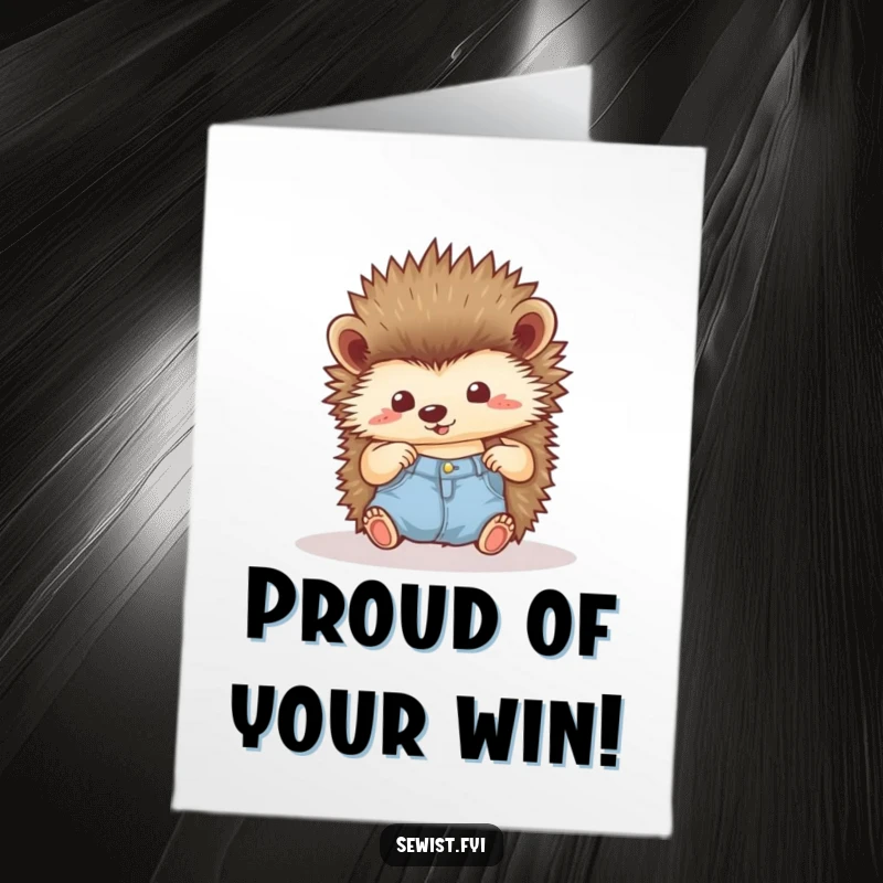 Funny Free Printable Congratulations Card: Hedgehog admiring its expertly hemmed seam, celebrating success.