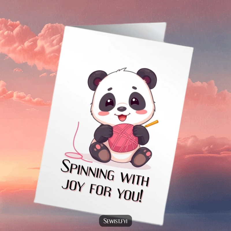 Funny Free Printable Congratulations Card: A delighted panda energetically spinning a bobbin of vibrant thread.