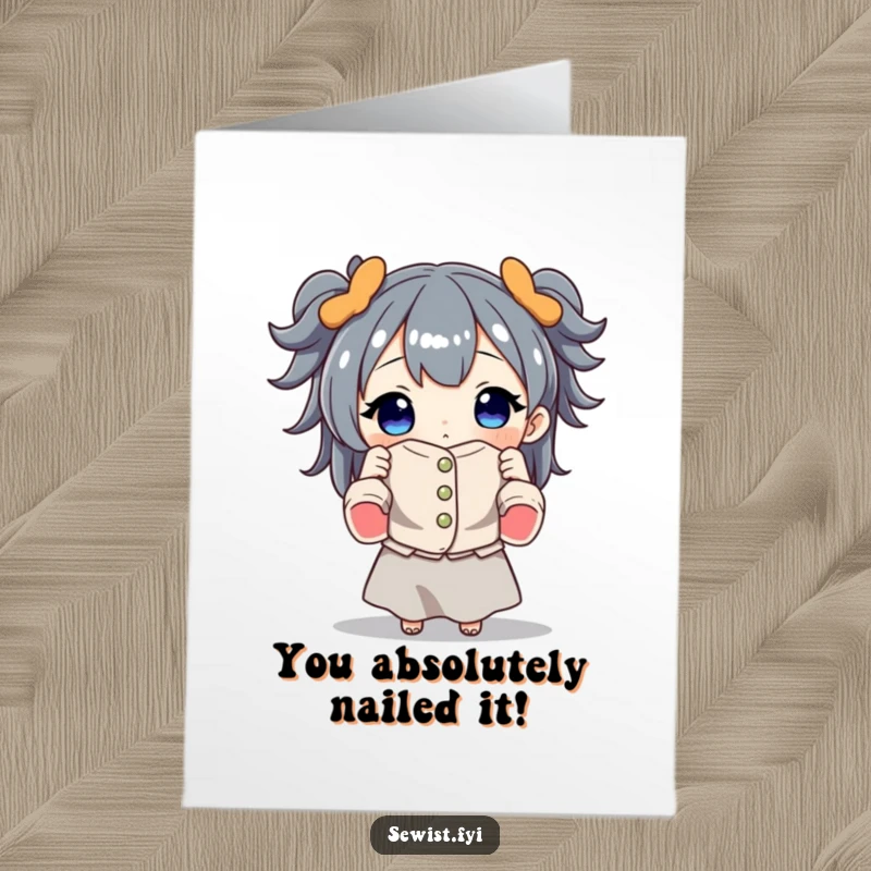 Funny Free Printable congratulations card: a character proudly displays a sewn masterpiece, celebrating success, a downloadable gift.