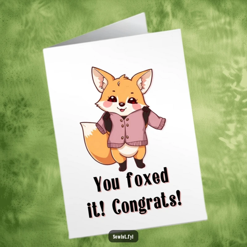 Funny Free Printable Congrats Card: Playful fox holding up a crooked garment with pride, celebrating imperfect wins.