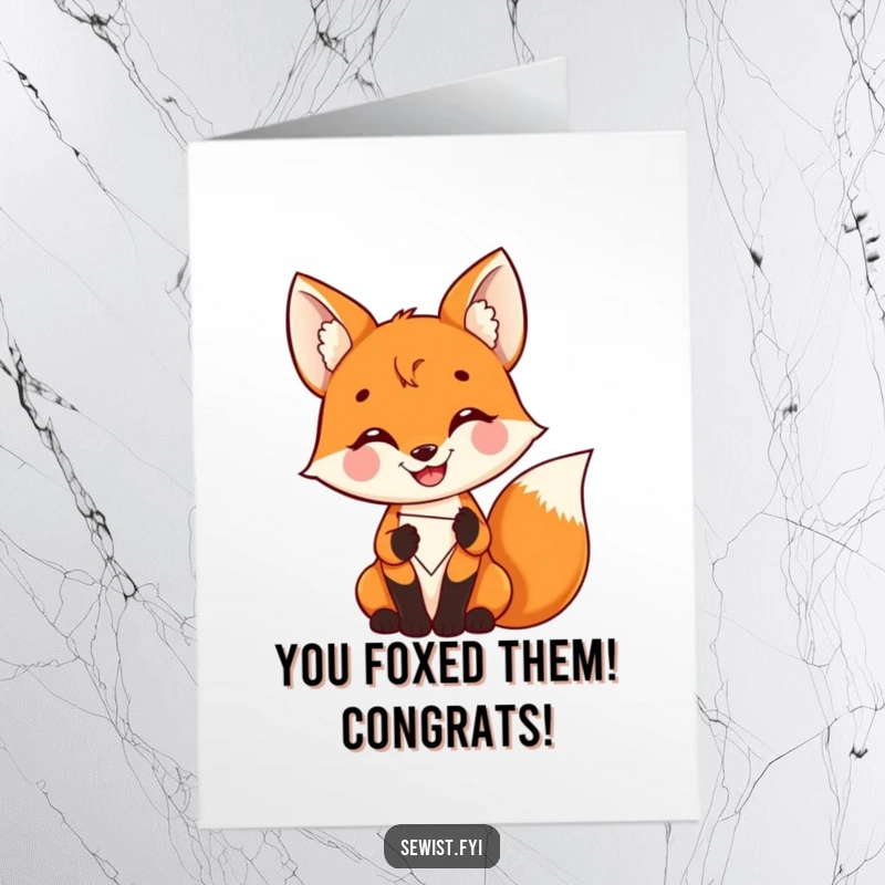 Funny free printable congratulations card: A fox proudly stitches a colorful patch with a grin.