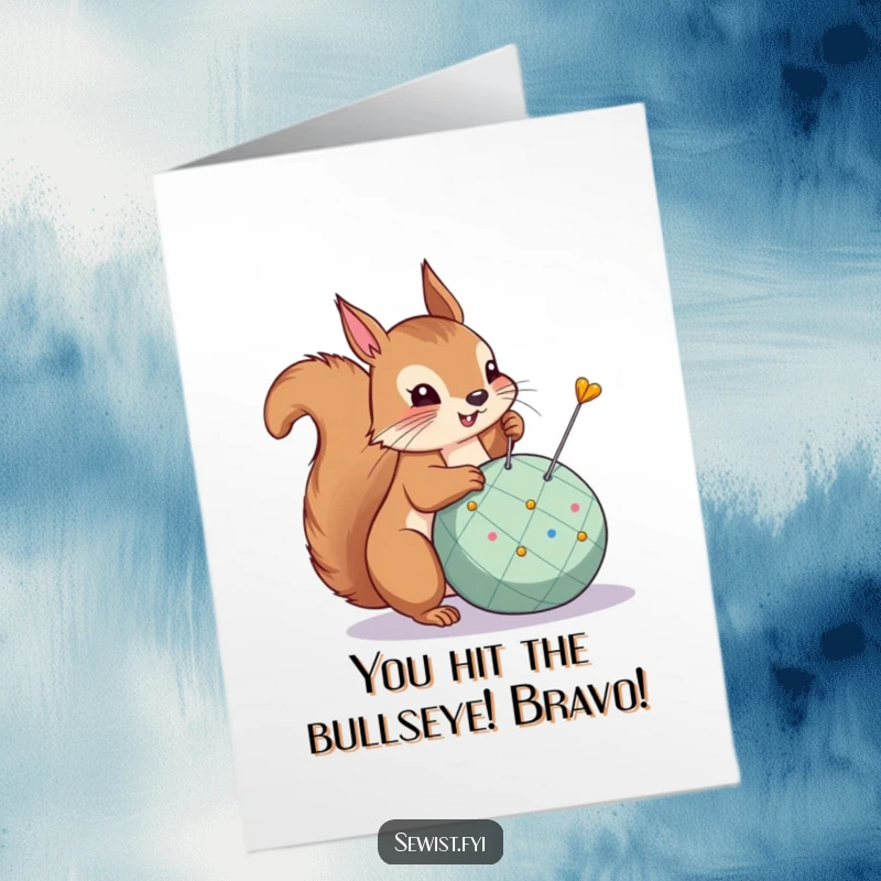 Funny Free Printable Squirrel Congratulations Card: A proud squirrel pins a dart, symbolizing hitting targets and achieving goals.