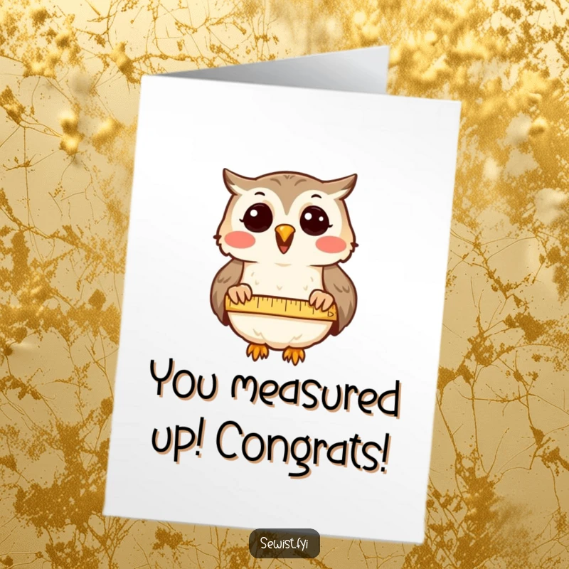 Funny Free Printable Owl Congratulations Card: A delighted owl measures fabric, celebrating precise achievements and wise decisions.
