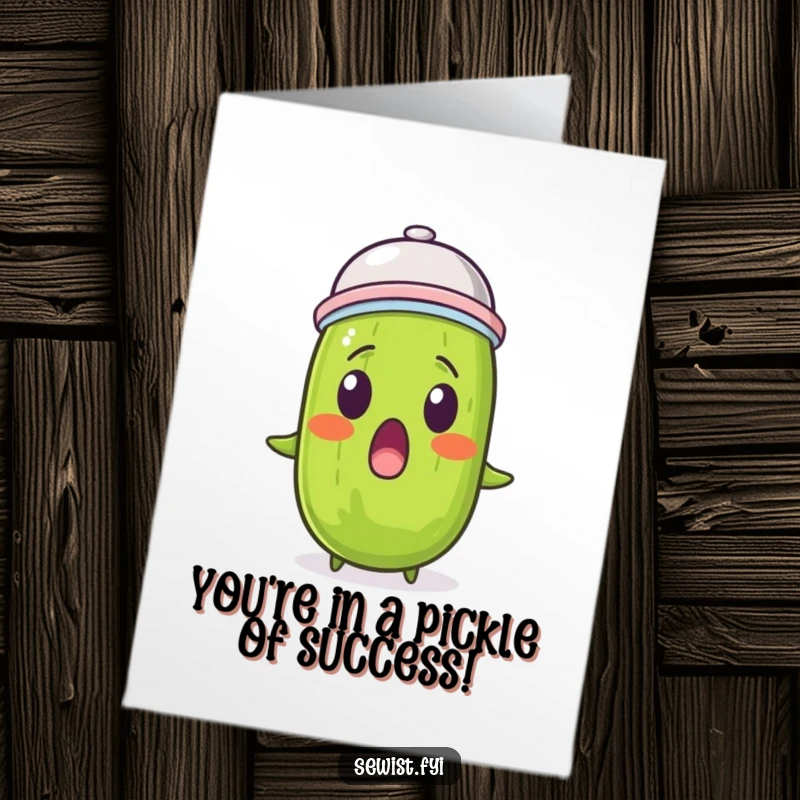 Funny Free Printable Pickle Card: A surprised pickle sporting a thimble hat, celebrating success.