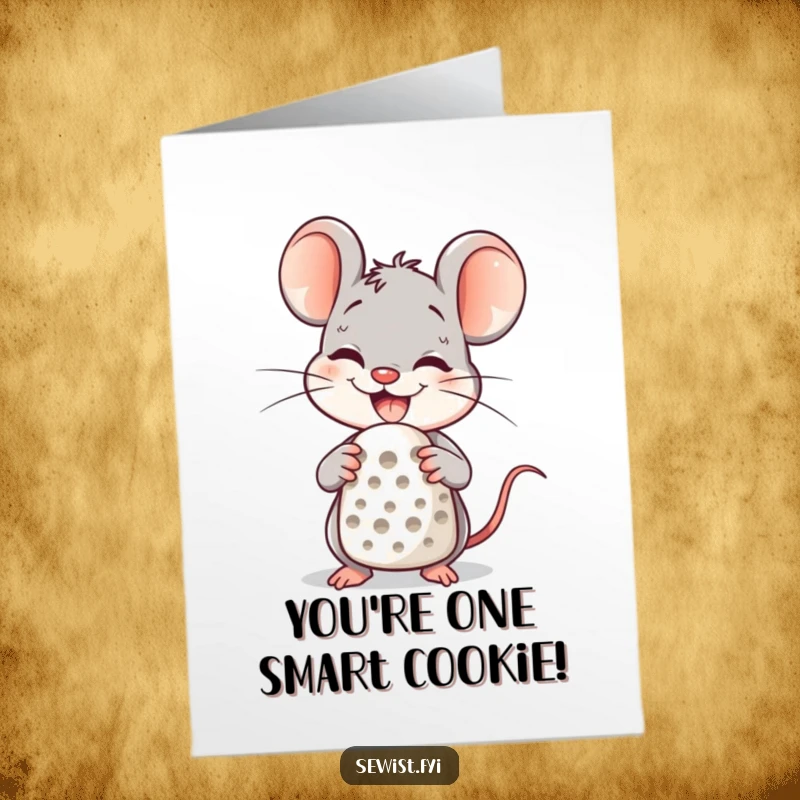 Funny Free Printable Congratulations Card: A delighted mouse character beams with a big smile while adorably wearing a thimble.