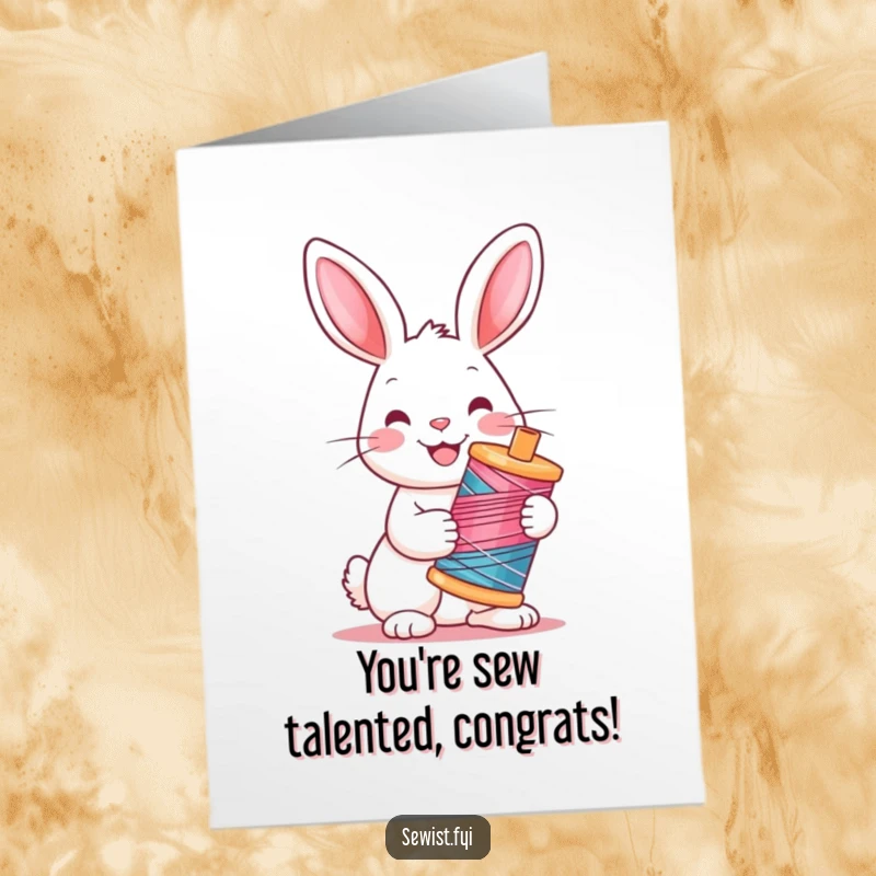 Funny Free Printable Congratulations Card: A cheerful rabbit holding a vibrant spool of thread, celebrating a successful creation.