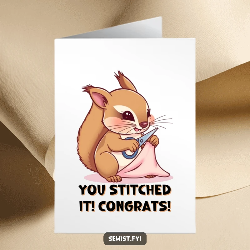Funny Free Printable Congrats Card: Determined squirrel with scissors crafting, perfect for celebrating any achievement with humor.