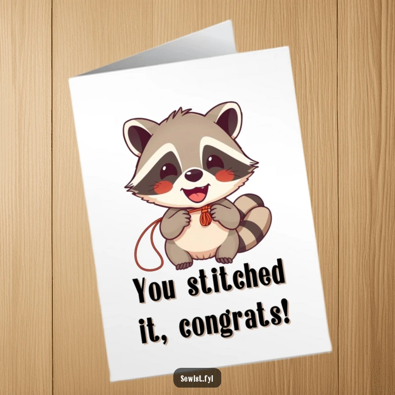 Funny Free Printable Congrats Card: Delighted raccoon proudly sews, beaming with success in a DIY gift.