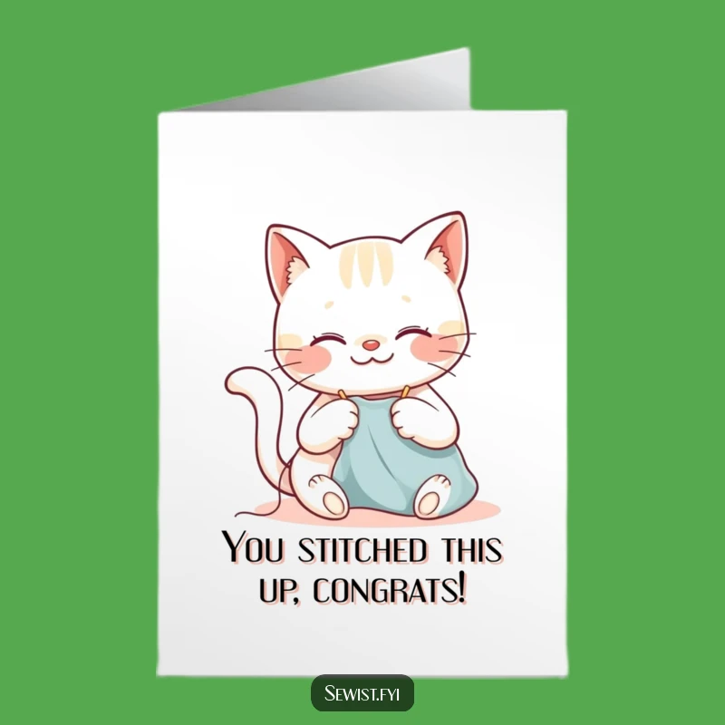 Free Printable Congrats Card: Happy Cat Sewing Success Funny Downloadable Gift