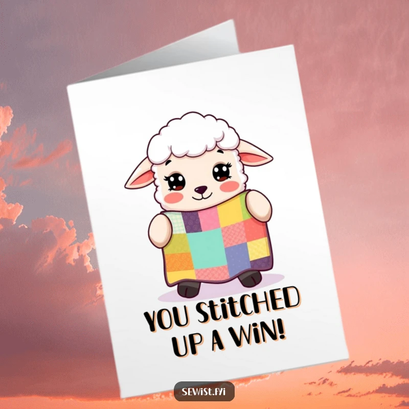 Funny Free Printable Congratulations Card: A beaming sheep adores a colorful patchwork quilt with pure delight.