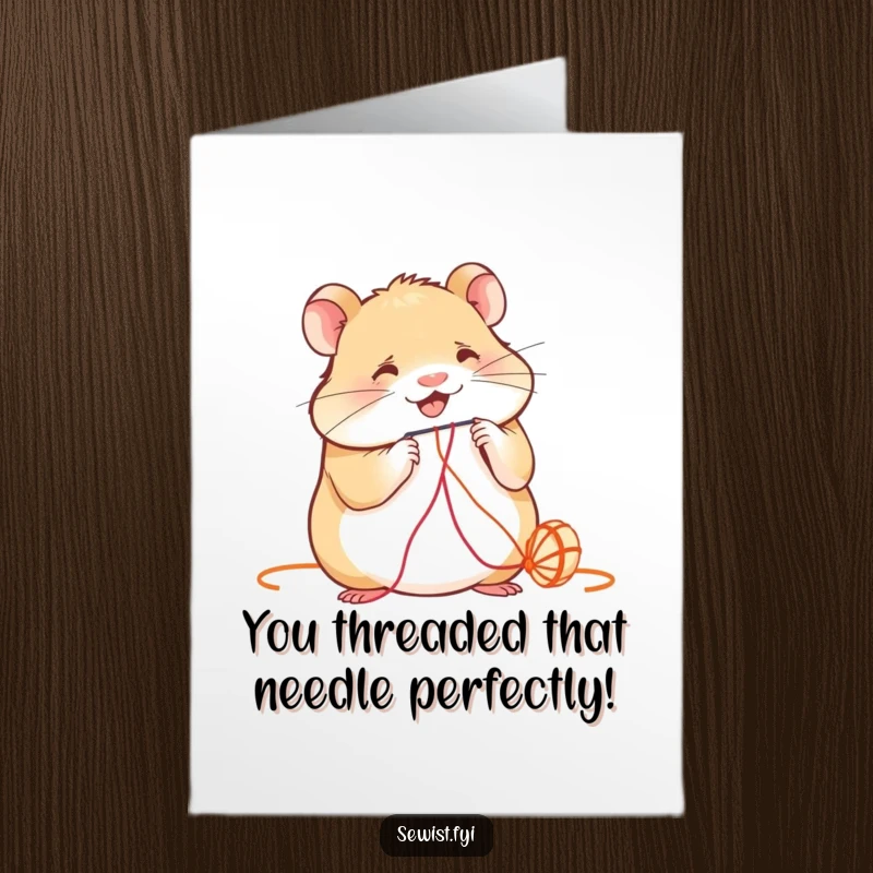 Funny Free Printable Hamster Congratulations Card: A smiling hamster skillfully threads vibrant string, celebrating a job well done.