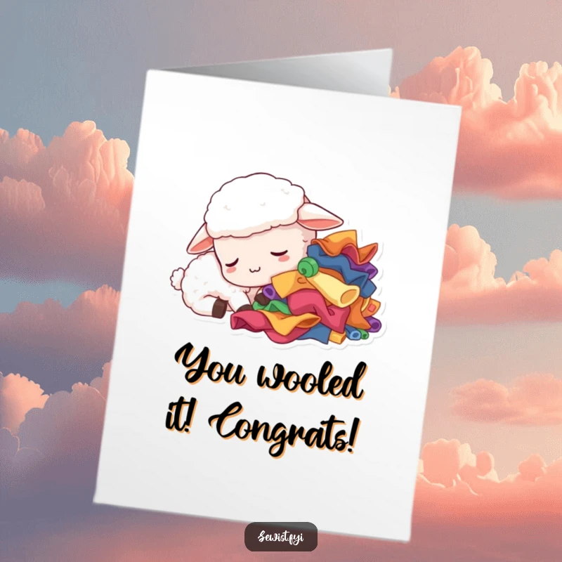 Funny Free Printable Congrats Card: Sleepy sheep resting near fabric, celebrating peaceful success with gentle humor.
