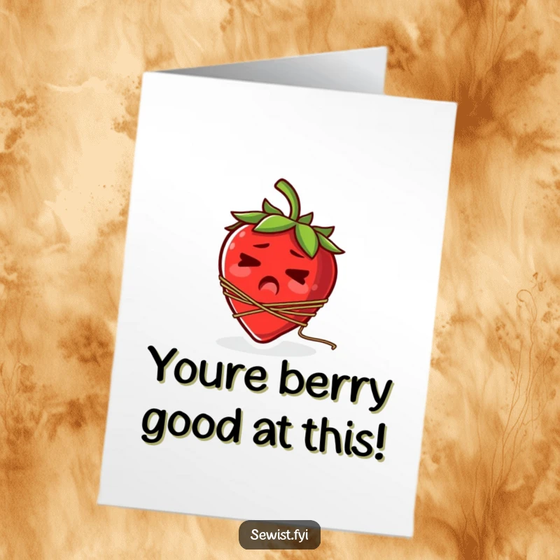 Funny Free Printable Congratulations Card: A startled strawberry is tangled in a spool of thread.