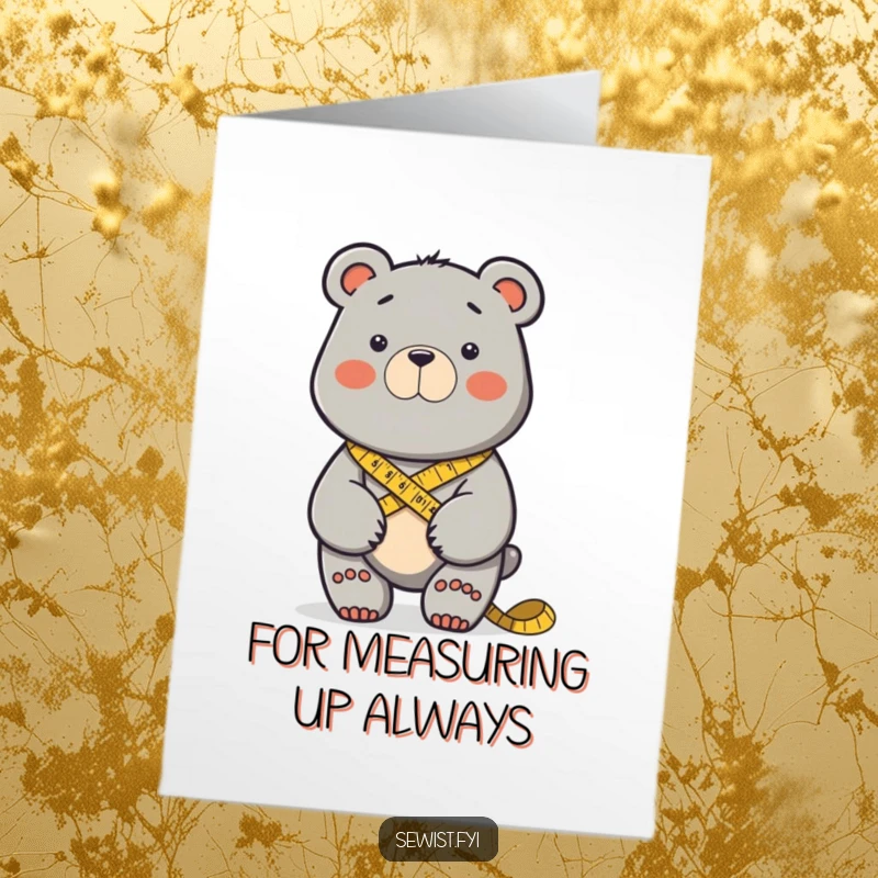 Funny Free Printable Thank You Card featuring a determined bear measuring fabric, a great downloadable gift for crafters.